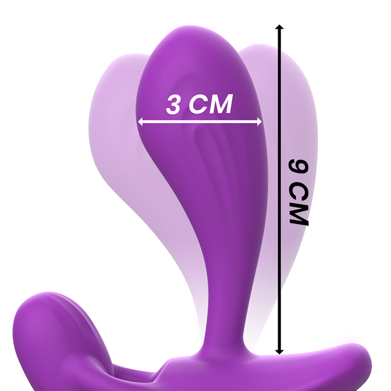 Violettes Sexspielzeug mit 9 cm Höhe und 3 cm Breite, das die Biegsamkeit zeigt.