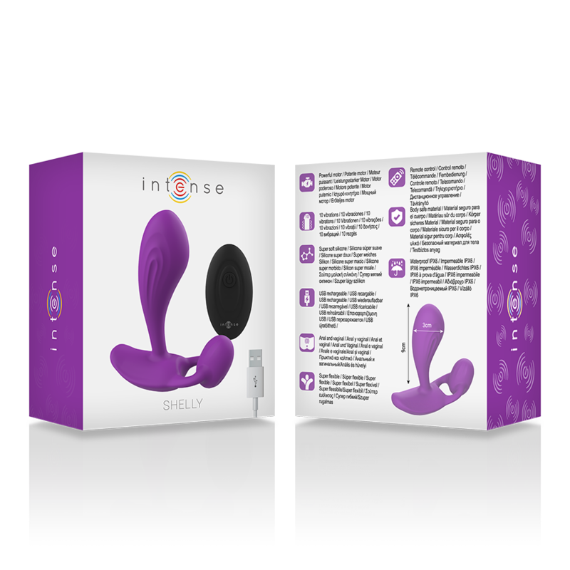 Lila VIBRATOR mit Fernbedienung in Verpackung mit Produktdetails.