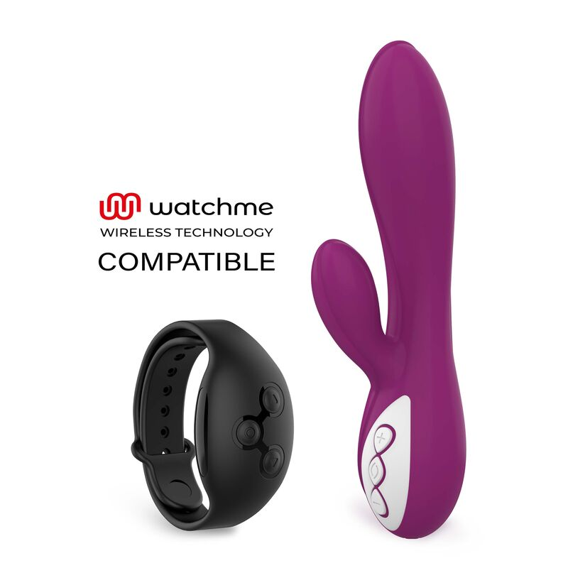 Ein lila Kaninchen-Vibrator und ein schwarzes drahtloses Kontrollarmband vor weißem Hintergrund.