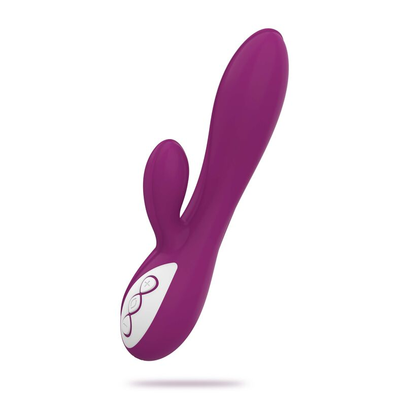 Ein violettes Dual-Stimulationsspielzeug aus Silikon mit weißem Bedienfeld und drei Tasten vor weißem Hintergrund.