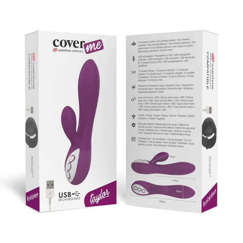 Verpackung für den lila Silikon-Vibrator von Taylor mit Produktmerkmalen.