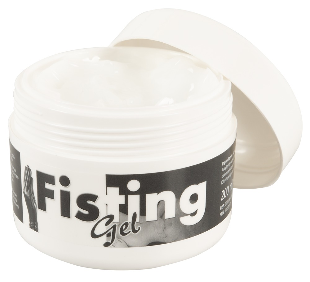 Eine weiße Plastikdose mit offenem Deckel und der Aufschrift Fisting Gel, gefüllt mit transparentem Gel.
