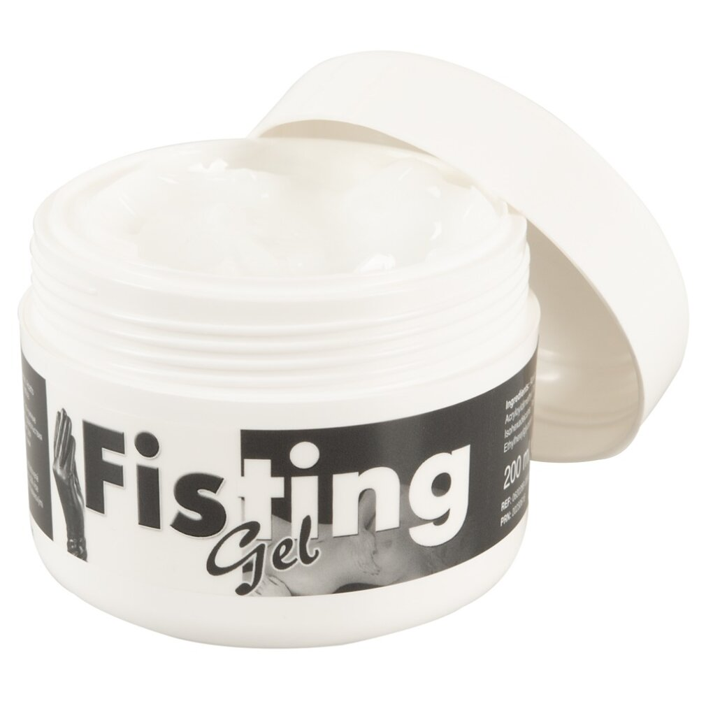 Offener weißer Plastiktiegel mit klarem Gel und der Aufschrift Fisting Gel auf dem Etikett.