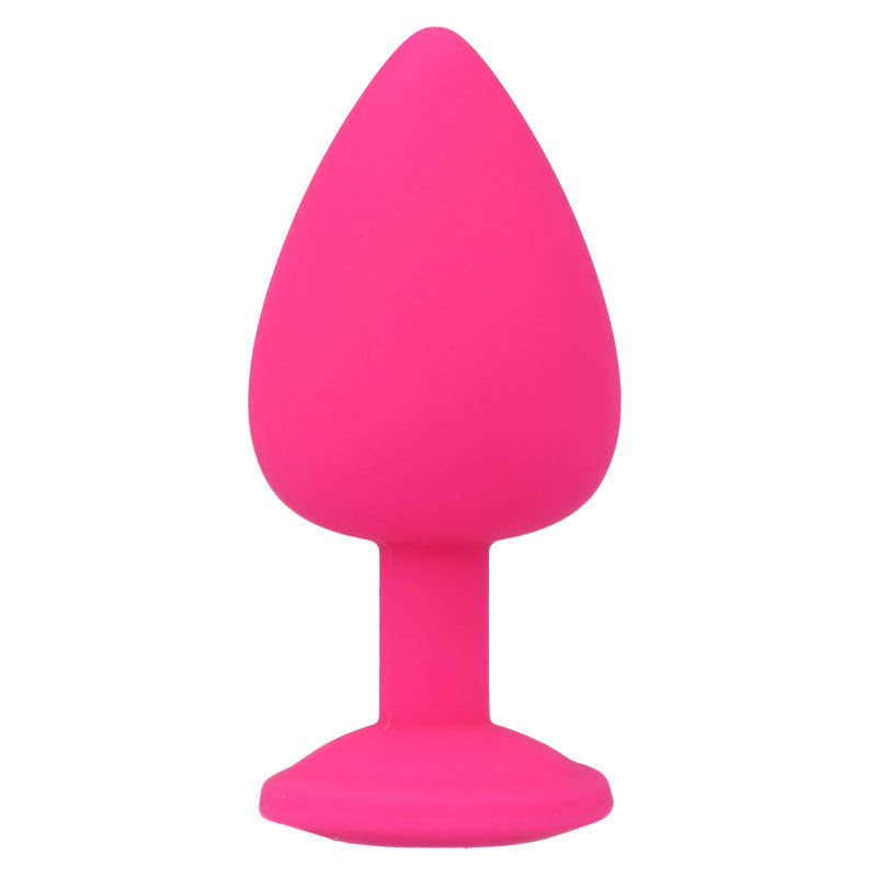 Ein leuchtend pinkes, kegelförmiges Silikon-Sexspielzeug mit flachem Fuß auf weißem Hintergrund.