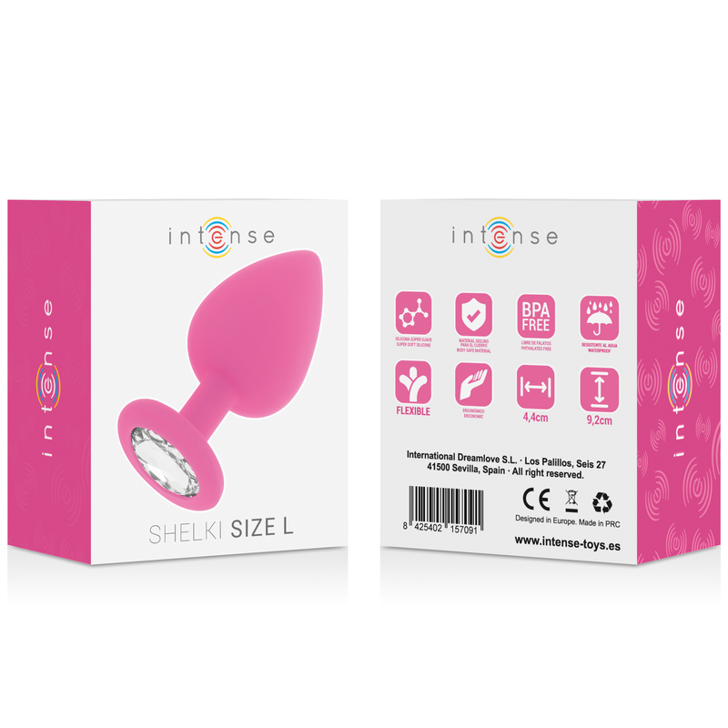 Verpackung und Rückseite eines pinken Shelki Size L Buttplugs mit integriertem Schmuckstein und Produktdetails.