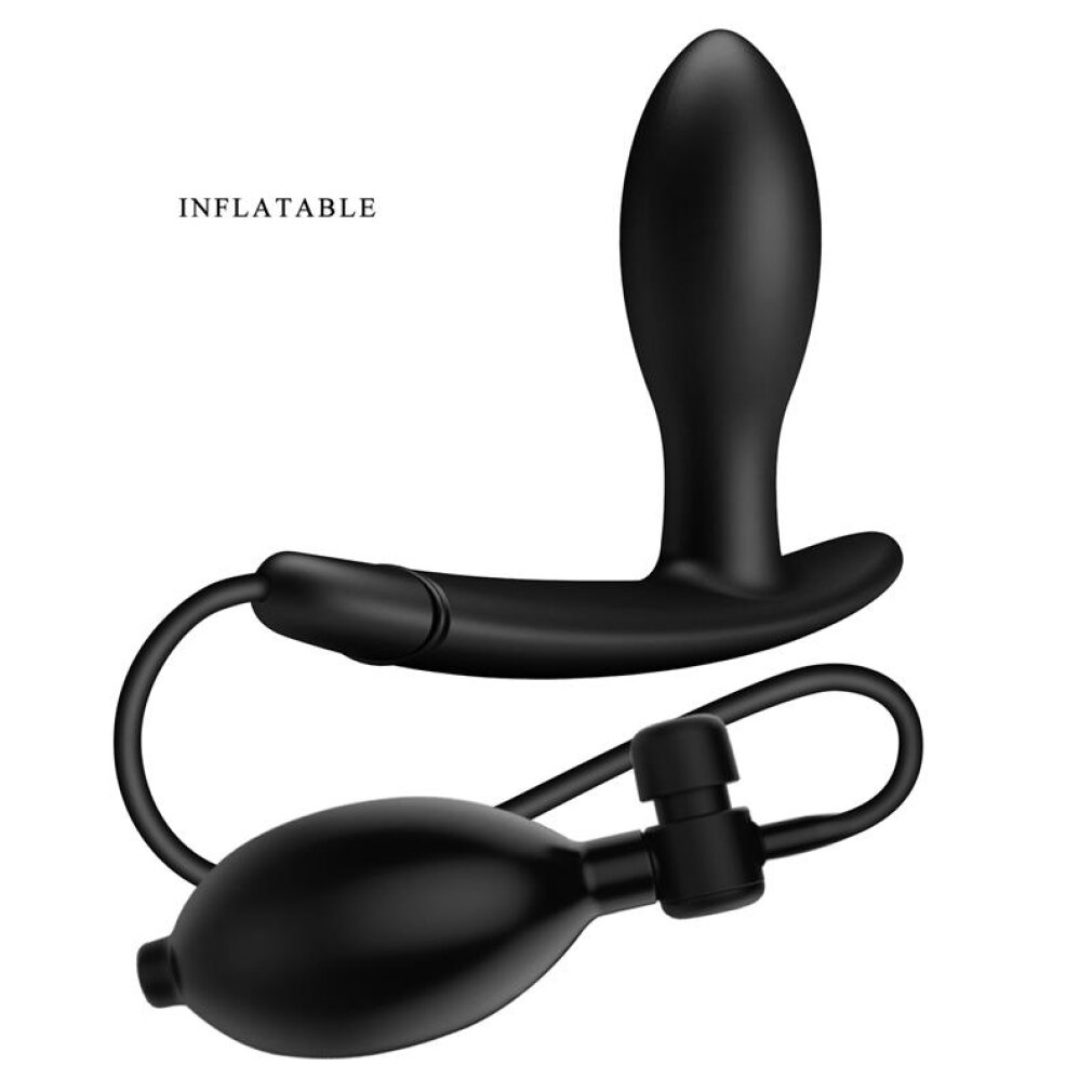 Ein schwarzes aufblasbares Sexspielzeug mit Pumpe und Schlauch vor weißem Hintergrund.