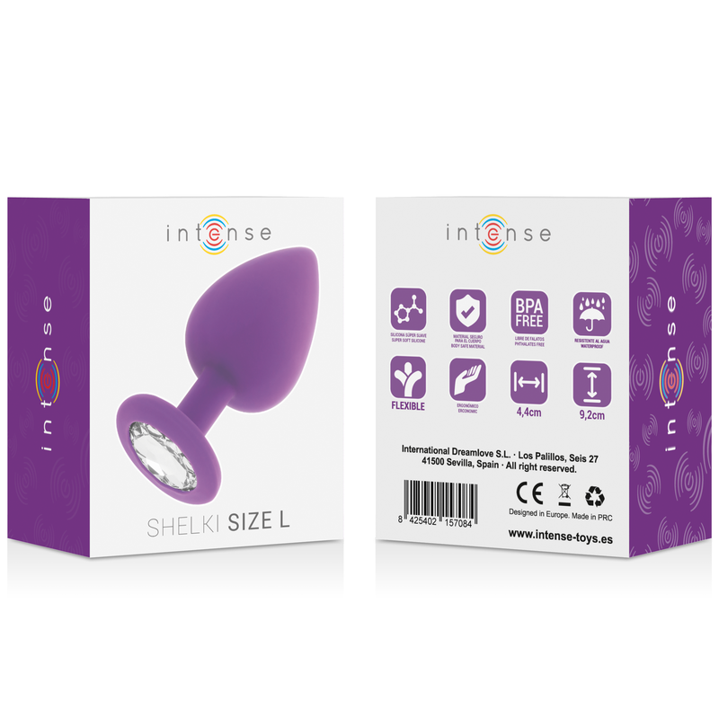 Produktverpackung für Shelki Größe L Anaplug in Lila mit weißer Beschriftung und Symbole.