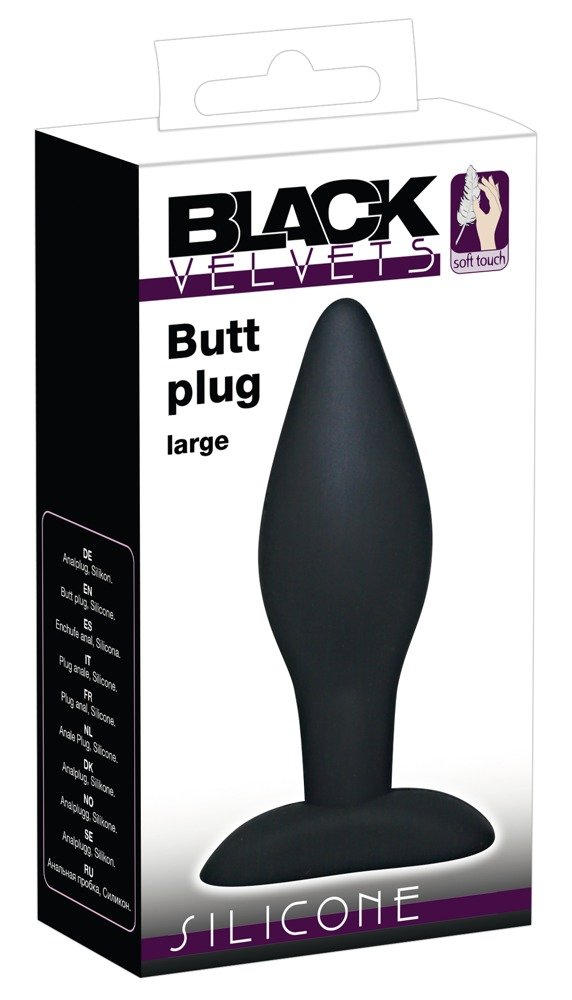 Verpackung eines schwarzen Silikon-Anapluugs in Größe groß mit der Aufschrift Black Velvets Butt plug large.
