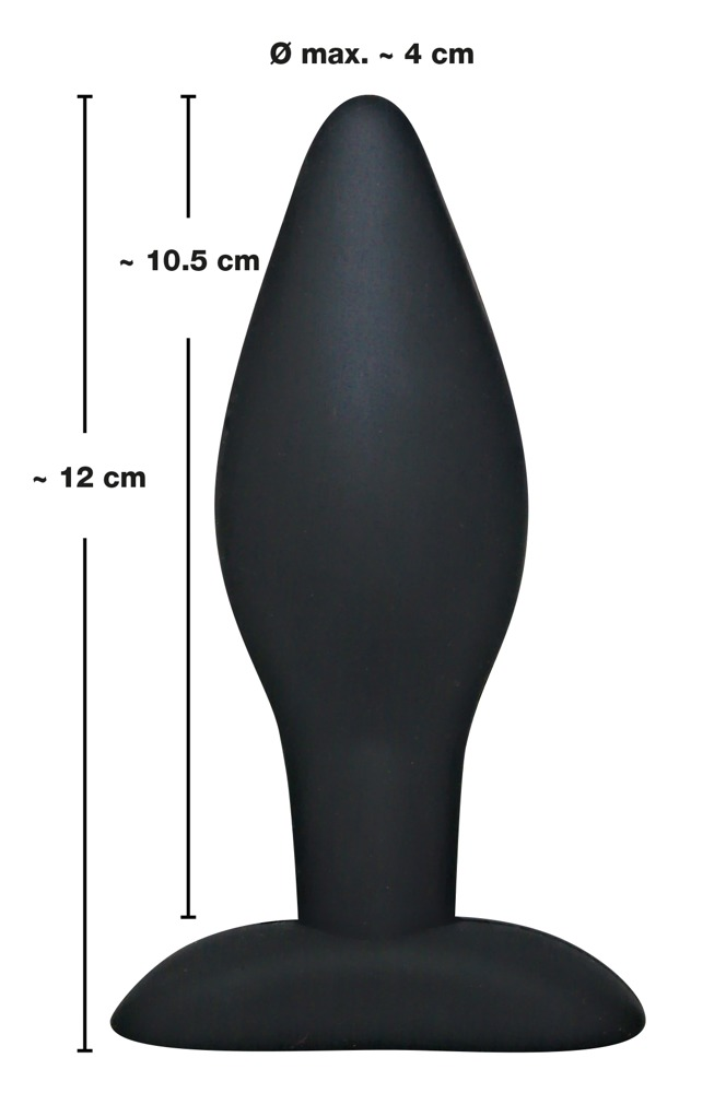 Schwarzer, konischer Analplug mit Maßen auf weißem Hintergrund.