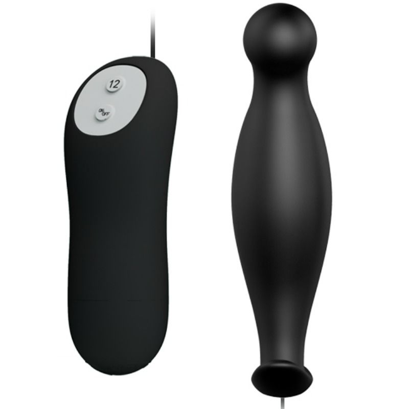 Ein schwarzes Wellnessprodukt mit runder Basis, schmalerem Hals und runder Kappe, daneben eine Fernbedienung.