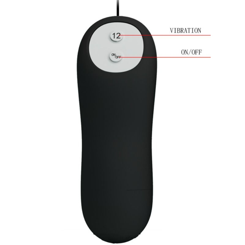 Schwarze ovale Fernbedienung mit zwei Tasten für Vibration und Ein/Aus auf hellem Hintergrund.