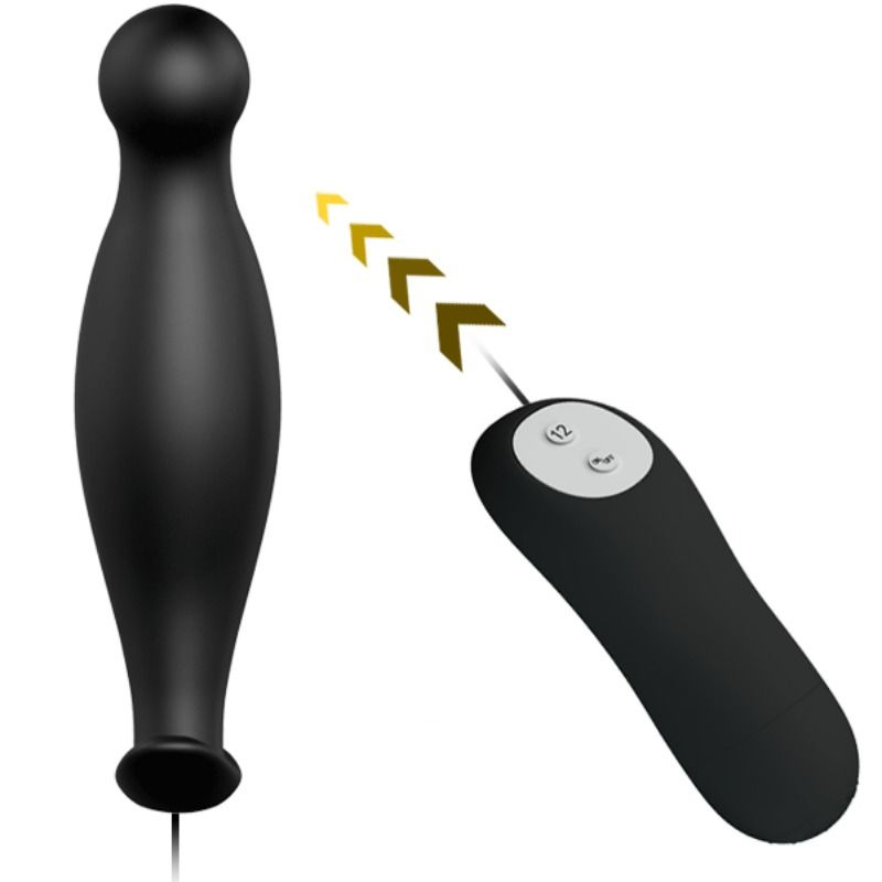 Schwarzer, ergonomischer Plug mit Fernbedienung und gelben Richtungspfeilen.