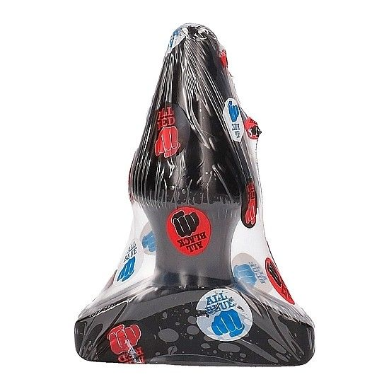 Ein schwarz-grauer Plastikgegenstand in kegelförmiger Schutzfolie mit rotem Fist-Logo auf weißem Grund.