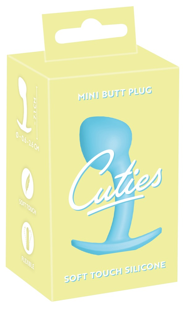 Gelbe Produktverpackung für einen blauen Mini-Analseidstöpsel aus weichem Silikon mit weißer Aufschrift Cuties.