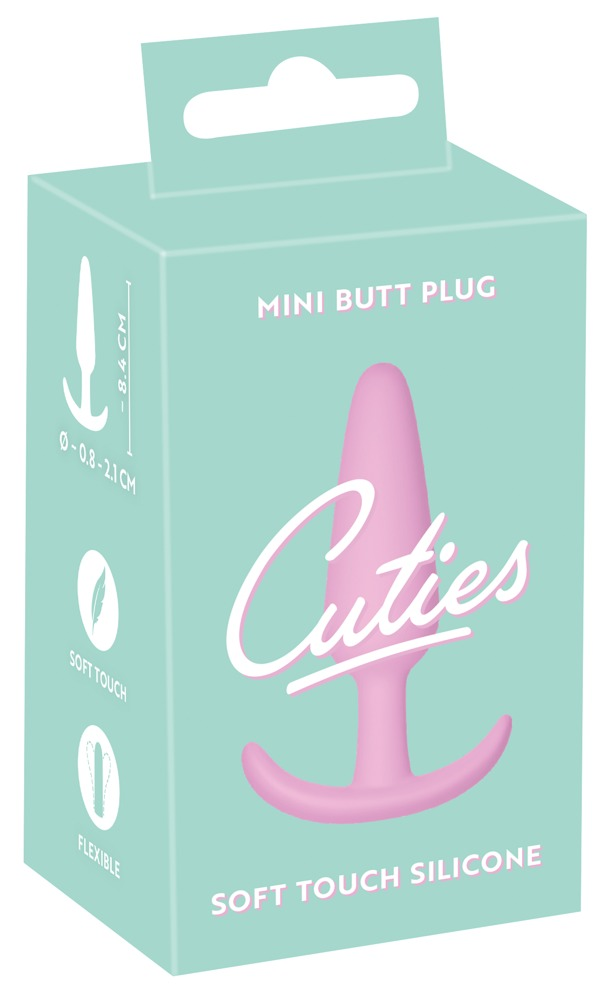 Mintfarbene Verpackung eines rosa Mini-Analnovembels mit der Aufschrift Cuties und Soft Touch Silicone.