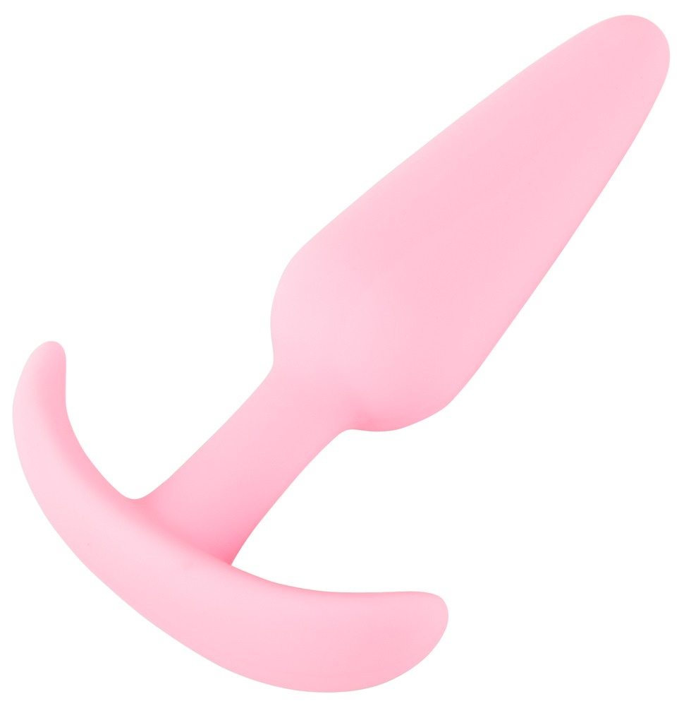 Ein glatter, hellrosa Buttplug mit T-förmigem Griff auf weißem Hintergrund.
