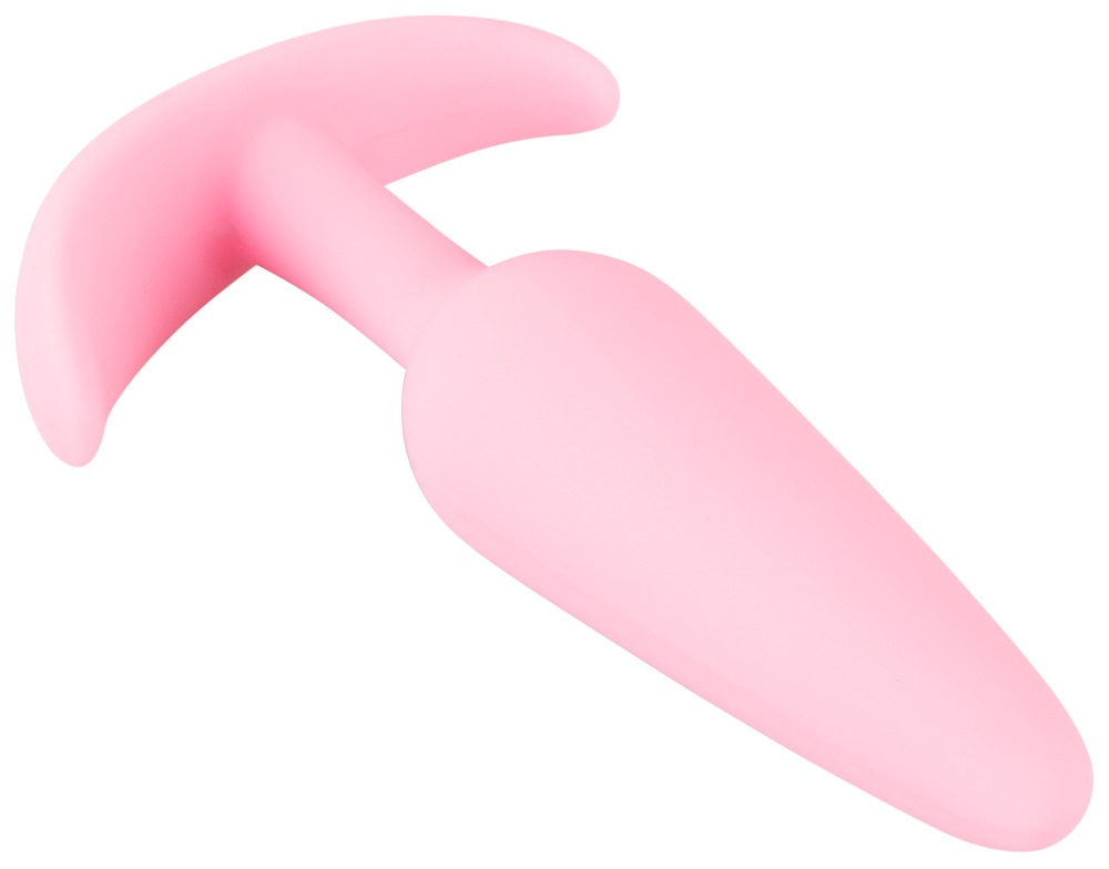 Ein glatter, hellrosa Buttplug aus Silikon mit T-förmigem Griff auf weißem Hintergrund.