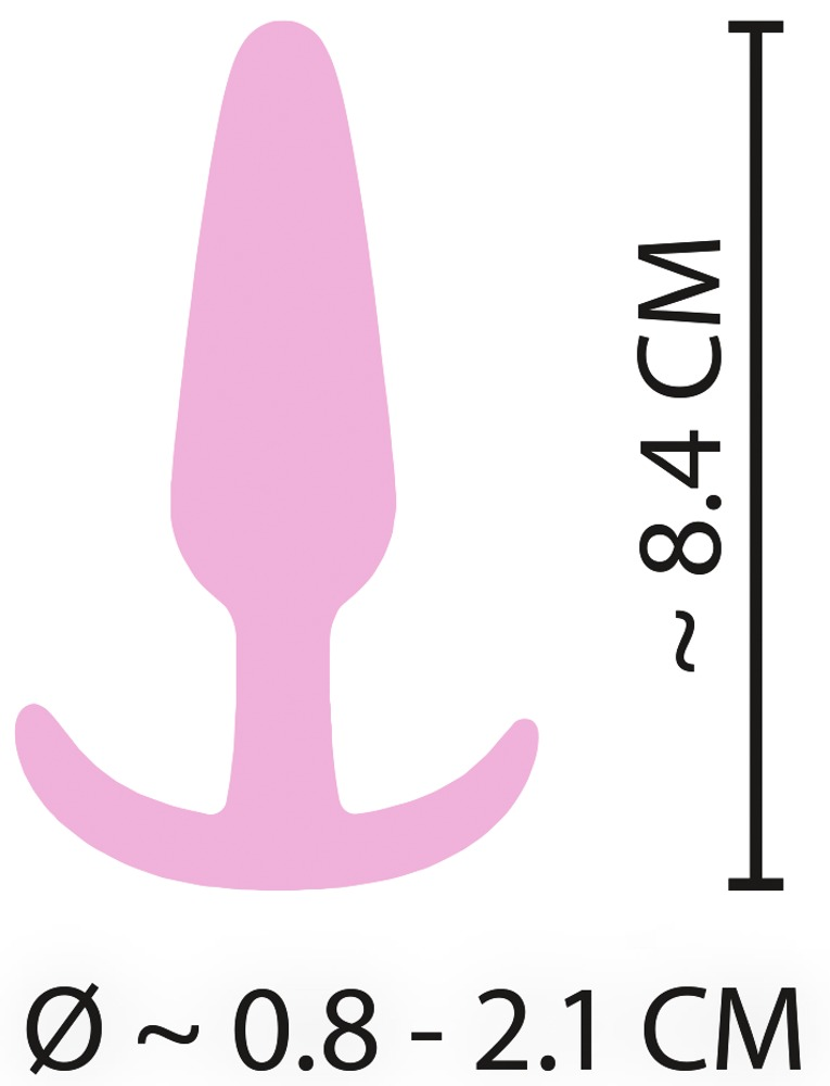 Rosa Analplug-Diagramm mit Maßangaben von 8,4 cm Höhe und 0,8 bis 2,1 cm Durchmesser.