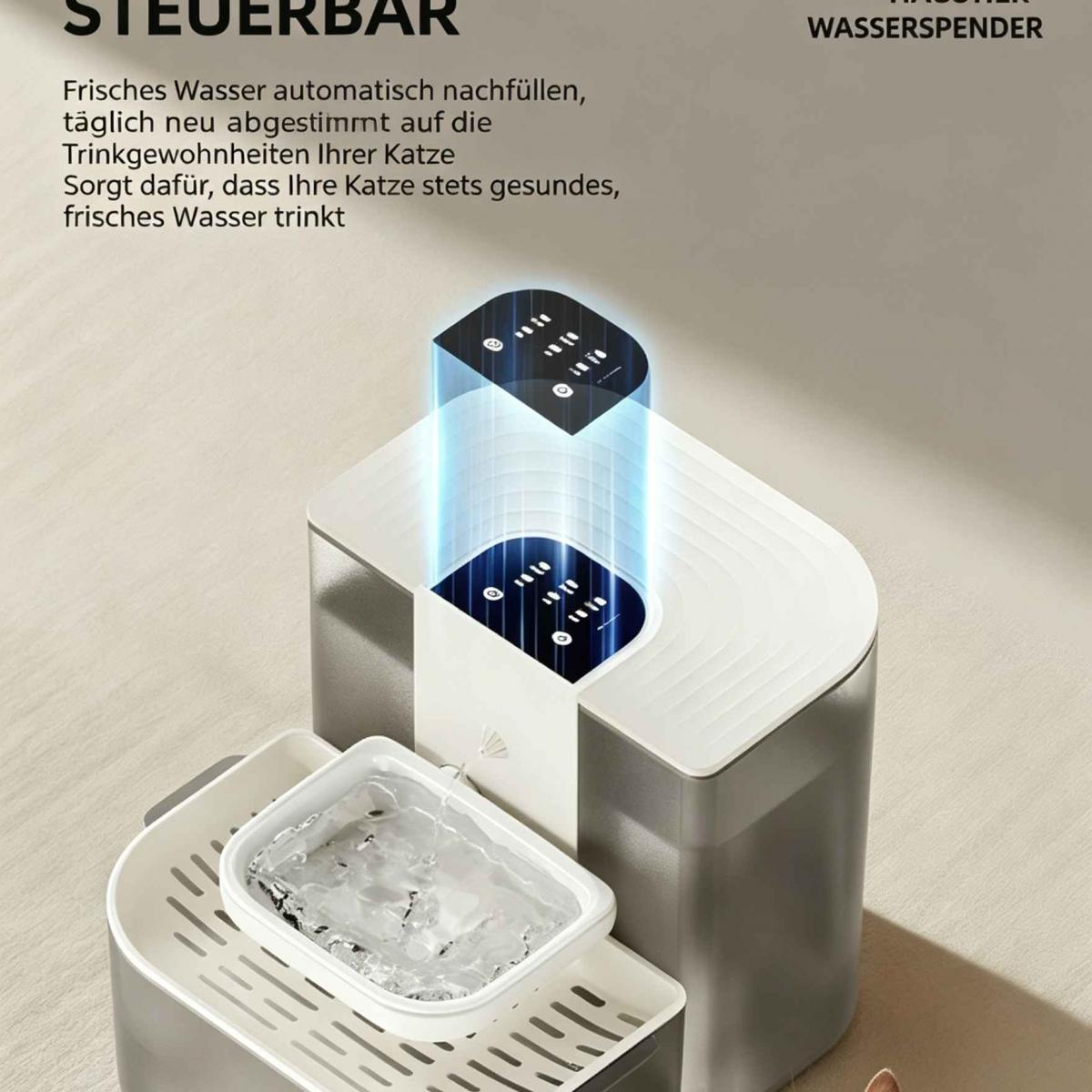 Ein moderner, weiß-grauer Haustierbrunnen mit Digitalanzeige und fließendem Wasser in der Schale.