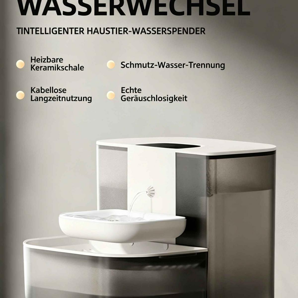 Ein intelligenter Haustier-Wasserspender mit Keramikschale und deutscher Produktbeschreibung.