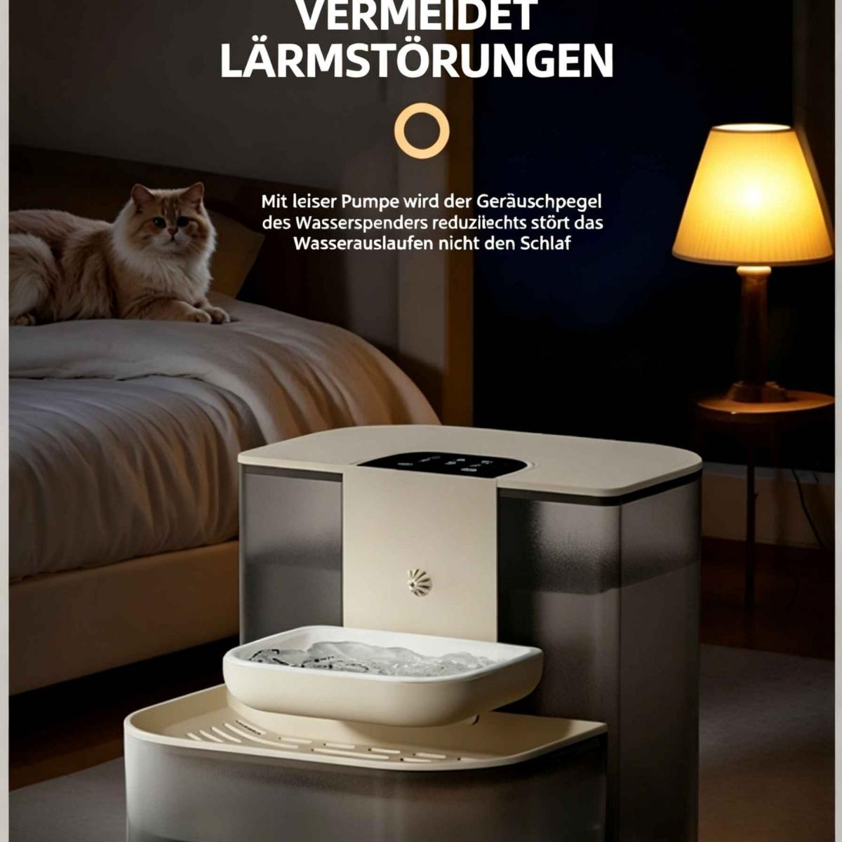 Ein leiser Haustier-Wasserspender steht in einem ruhigen Schlafzimmer mit Katze und Lampe.
