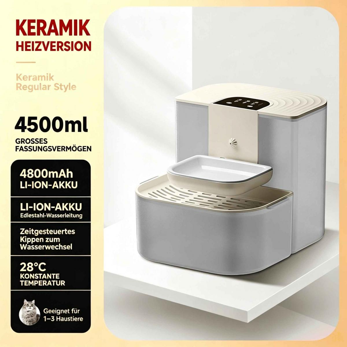 Grauer Keramik-Haustierbrunnen mit 4500ml Fassungsvermögen und digitaler Anzeige auf einem weißen Tisch.