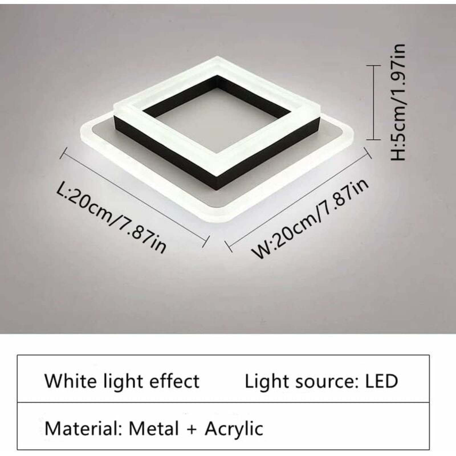 Quadratische LED-Deckenleuchte aus Metall und Acryl mit Maßangaben.