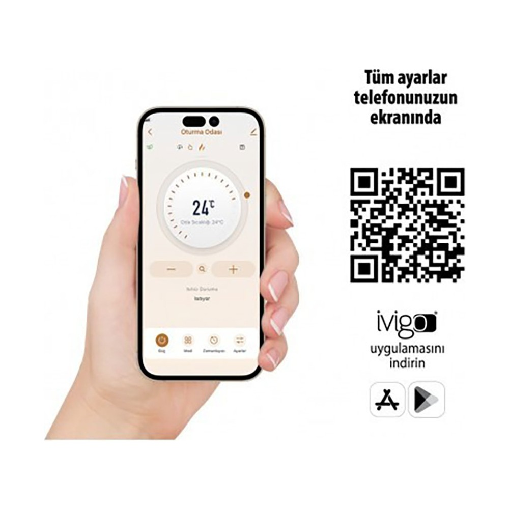 Termostat uygulaması açık akıllı telefonu tutan el, yanında QR kod ve yazılar.