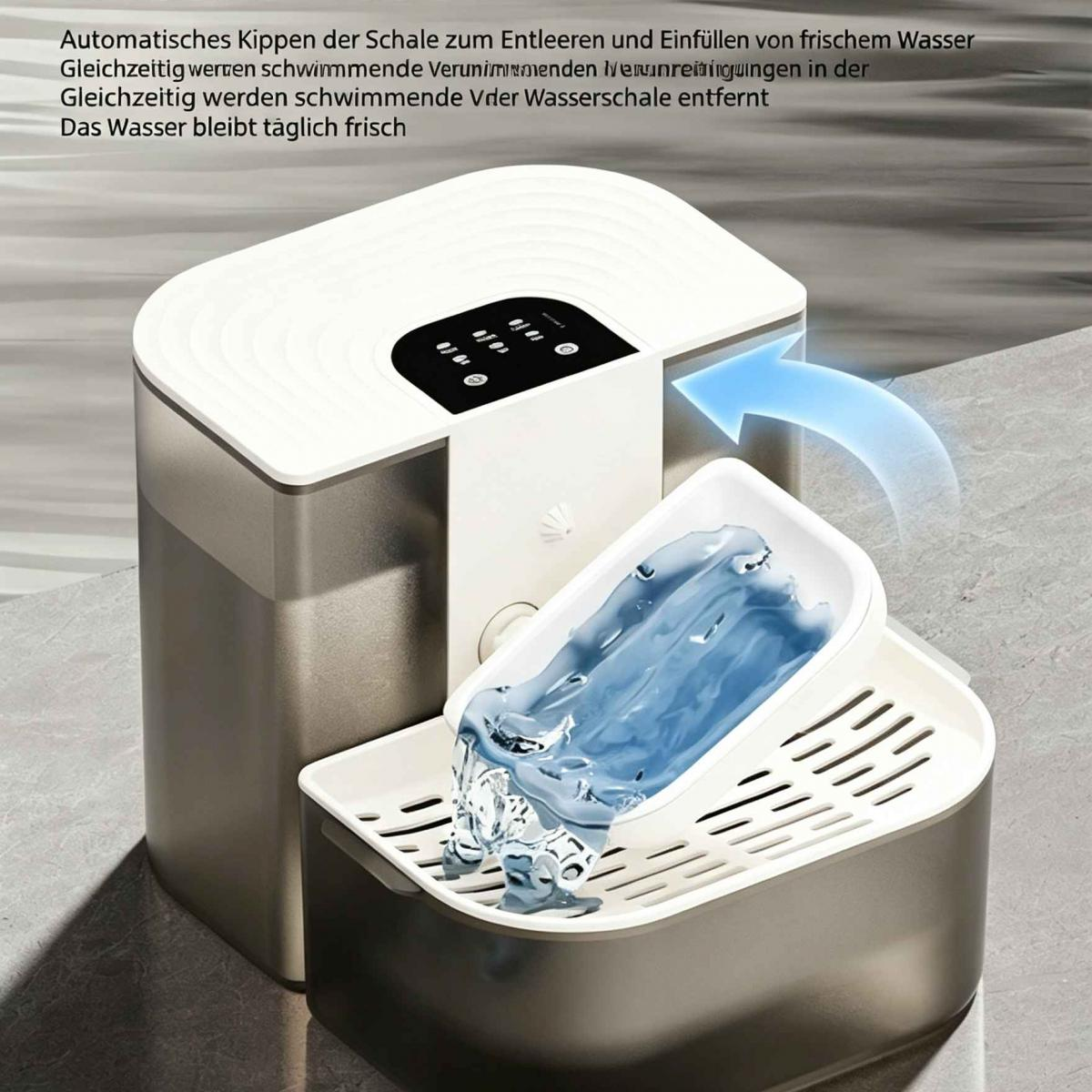 Automatischer Wasserspender mit kippbarer Schale zum Entleeren und Befüllen von frischem Wasser.