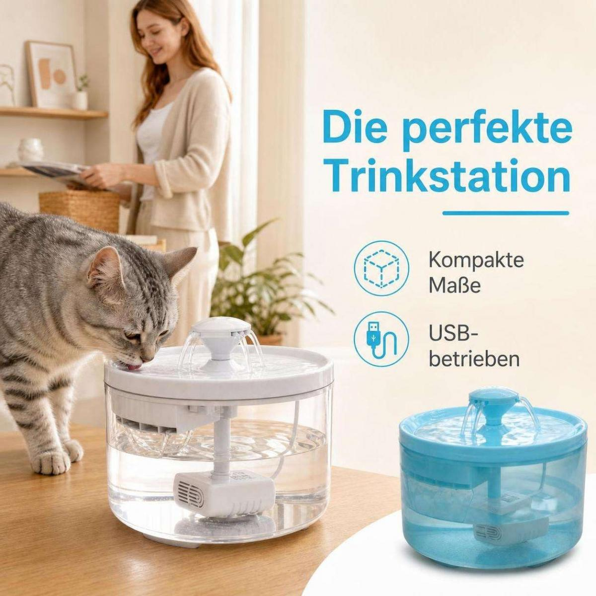 Katze trinkt aus einem automatischen Wasserbrunnen auf einem Holztisch, im Hintergrund eine Frau.