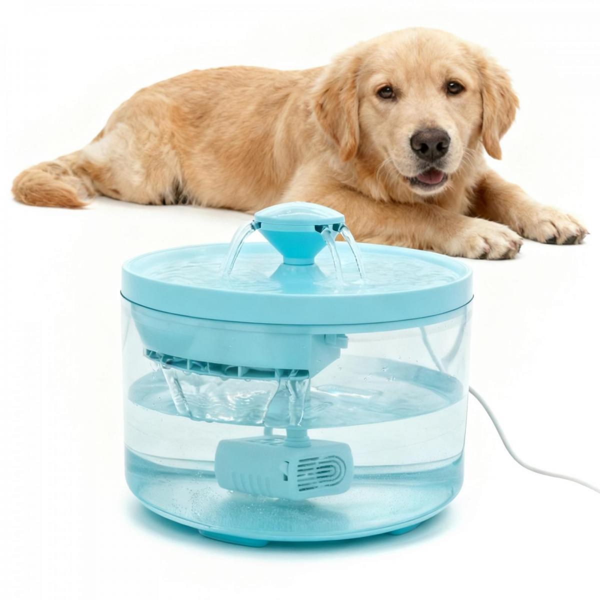 Ein goldfarbenes Hundebaby liegt hinter einem hellblauen elektrischen Trinkbrunnen für Haustiere vor weißem Hintergrund.