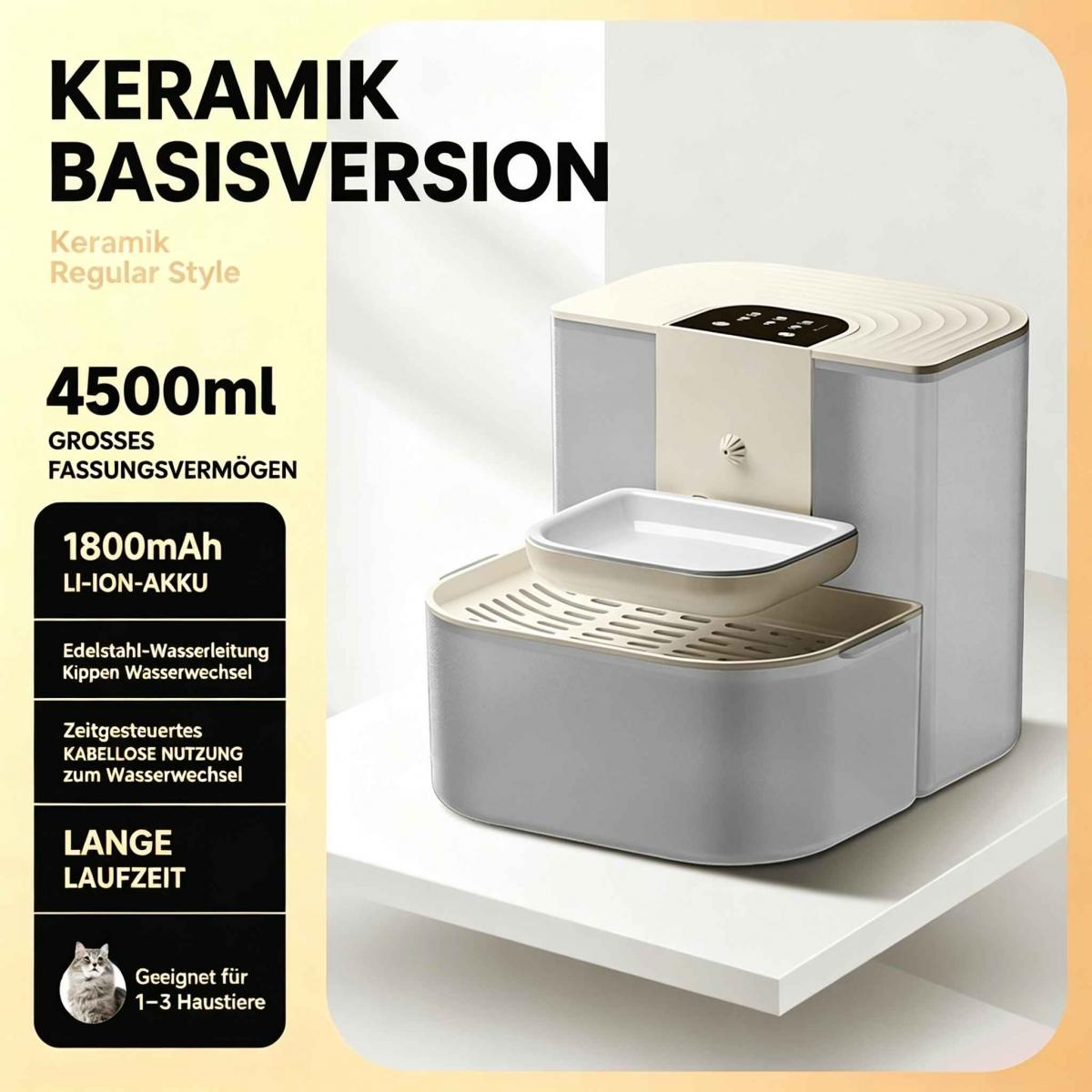 Grauer Keramik-Haustierbrunnen mit 4500ml Fassungsvermögen, Akku und Futternapf auf weißem Tisch.