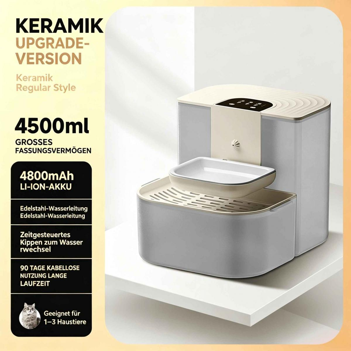 Grauer Keramik-Haustierbrunnen mit 4500ml Fassungsvermögen und Akku auf weißer Oberfläche.