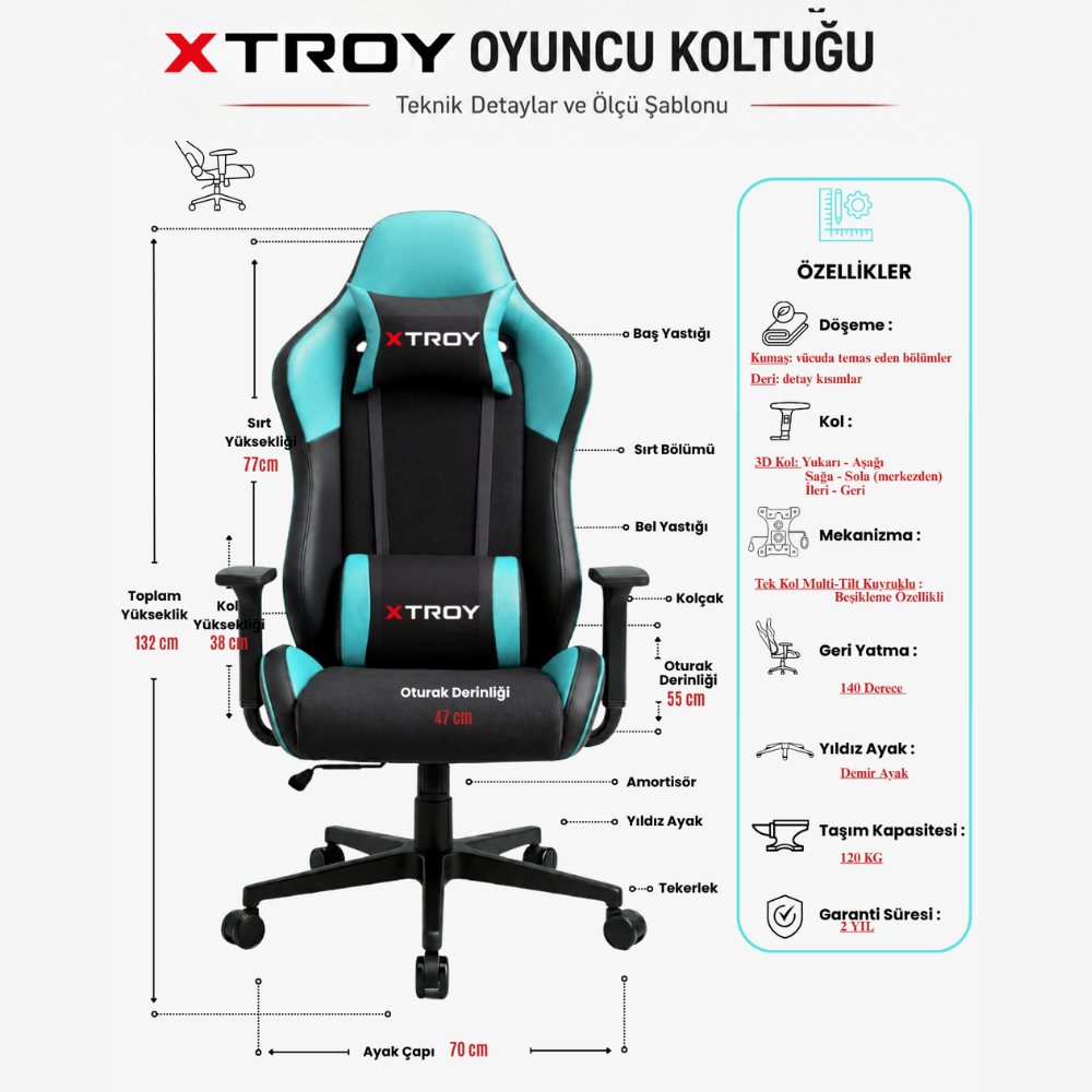 Beyaz arkaplanda teknik ölçüleri ve özellik listesi olan siyah ve turkuaz oyuncu koltuğu.