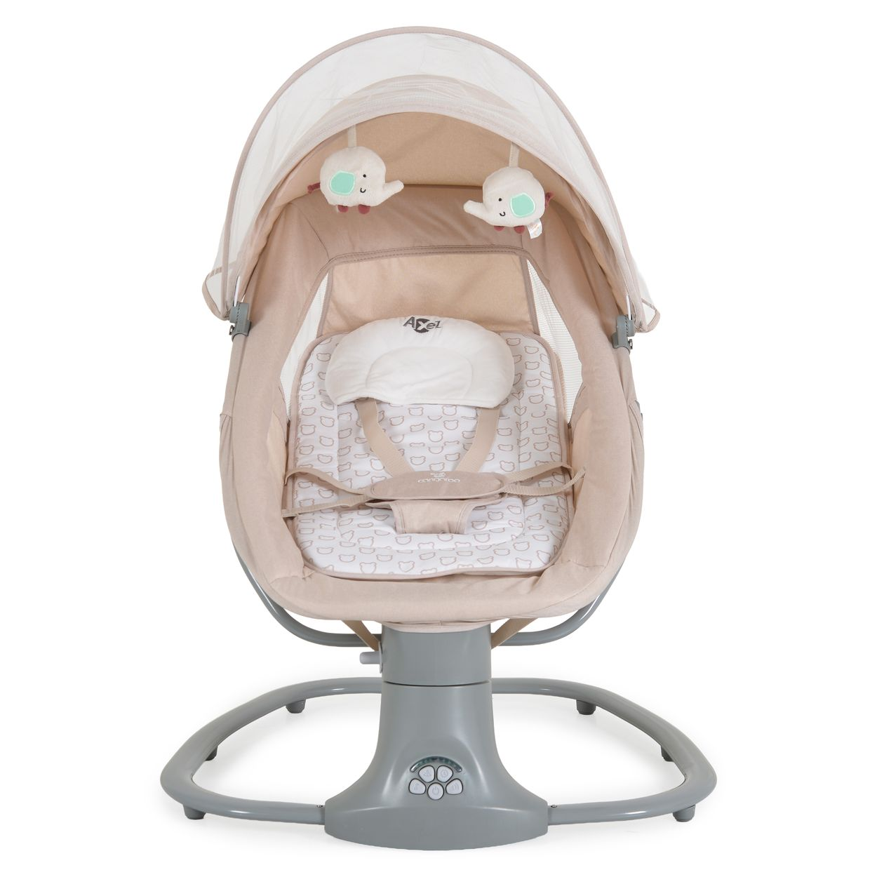 Beige Babyschaukel mit Verdeck, hängenden Elefanten-Spielzeugen, Sicherheitsgurten und grauem Sockel.