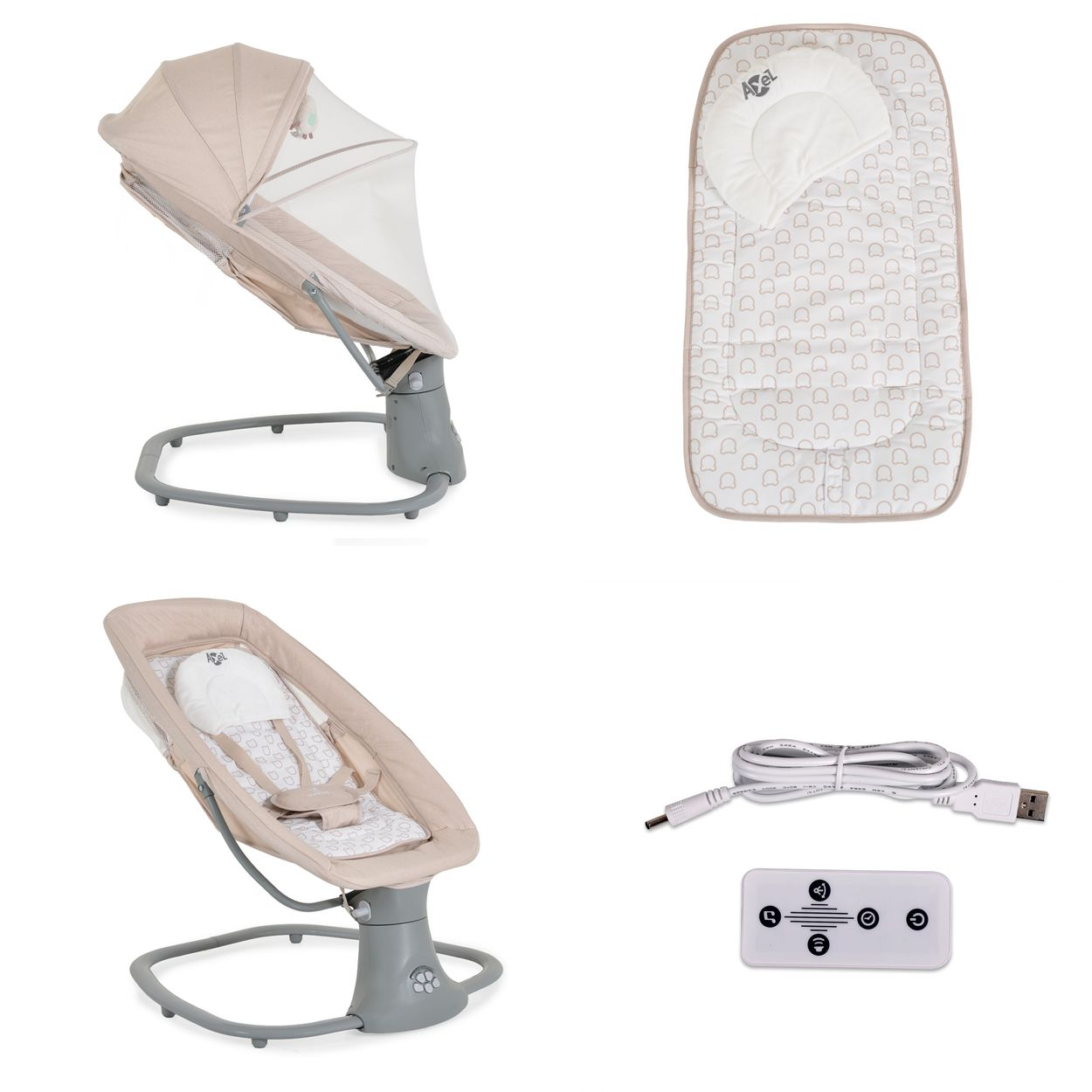 Beige Babyschaukel mit Verdeck, Kissen, USB-Kabel und Fernbedienung.