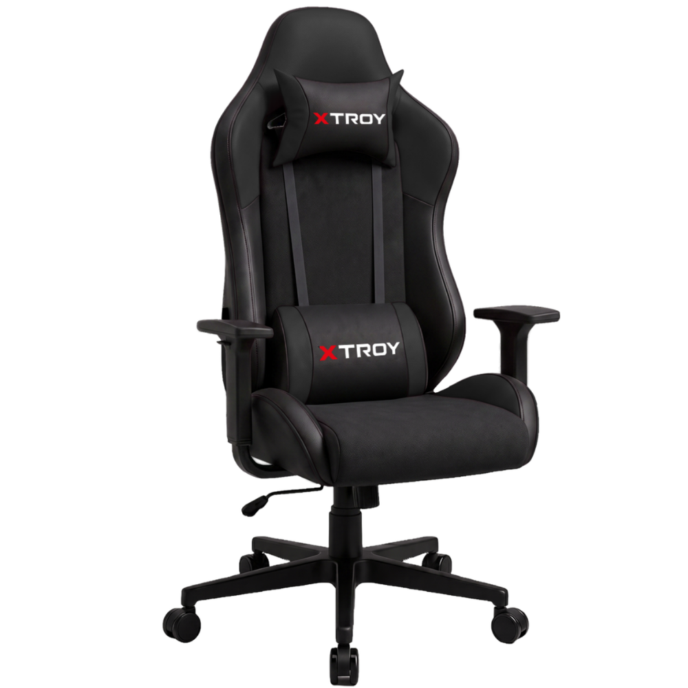 Beyaz arka planda bel ve boyun yastıklı siyah bir XTROY oyuncu koltuğu.