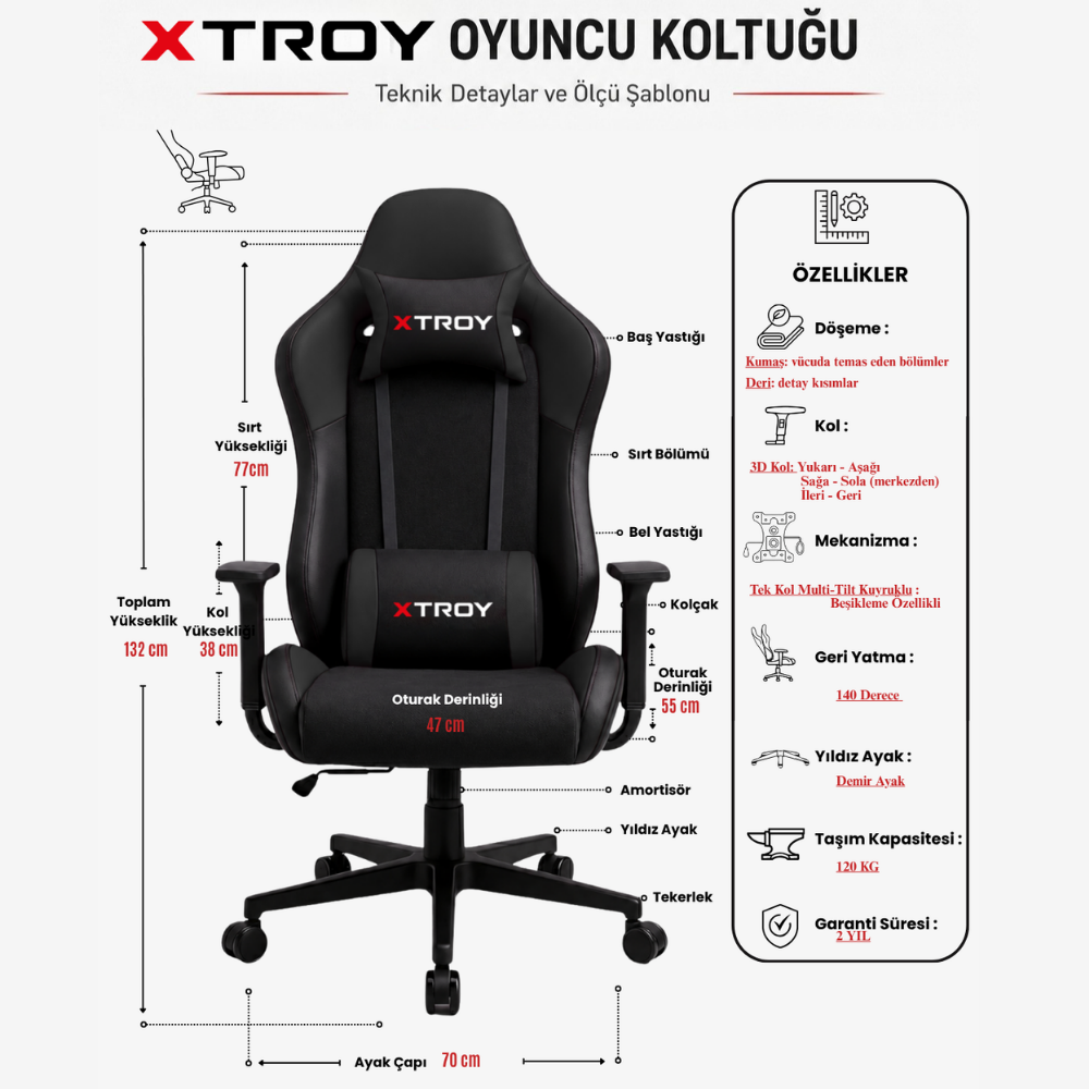 Siyah renkli XTROY oyuncu koltuğunun teknik çizimi, ölçüleri ve özellik detayları.