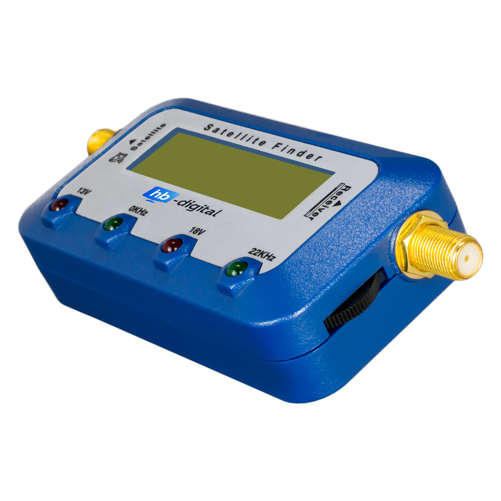 Ein blauer Satellitenfinder mit Display, Kontrollleuchten und goldenen Anschlüssen auf weißem Hintergrund.