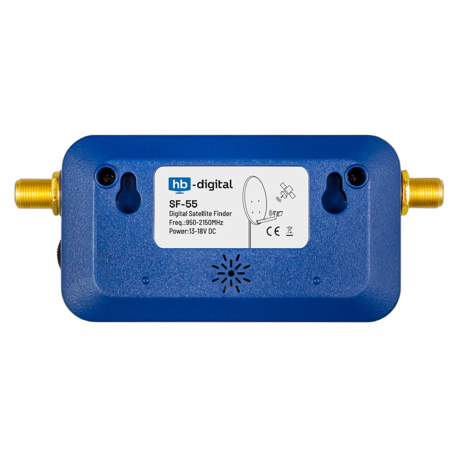Ein blauer digitaler Satellitenfinder mit goldenen Anschlüssen an den Seiten und einem weißen Etikett in der Mitte.