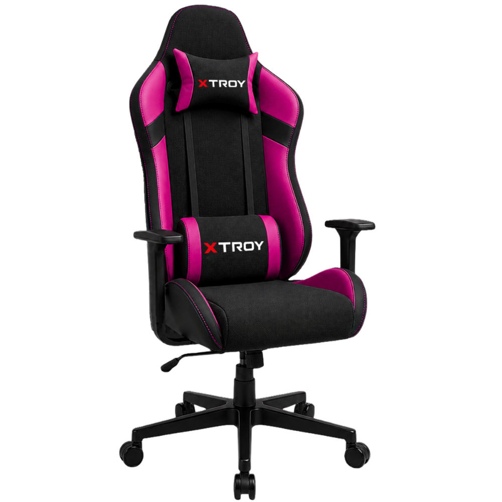 Tekerlekli ve yastıklı siyah ve pembe XTRFY oyuncu koltuğu.