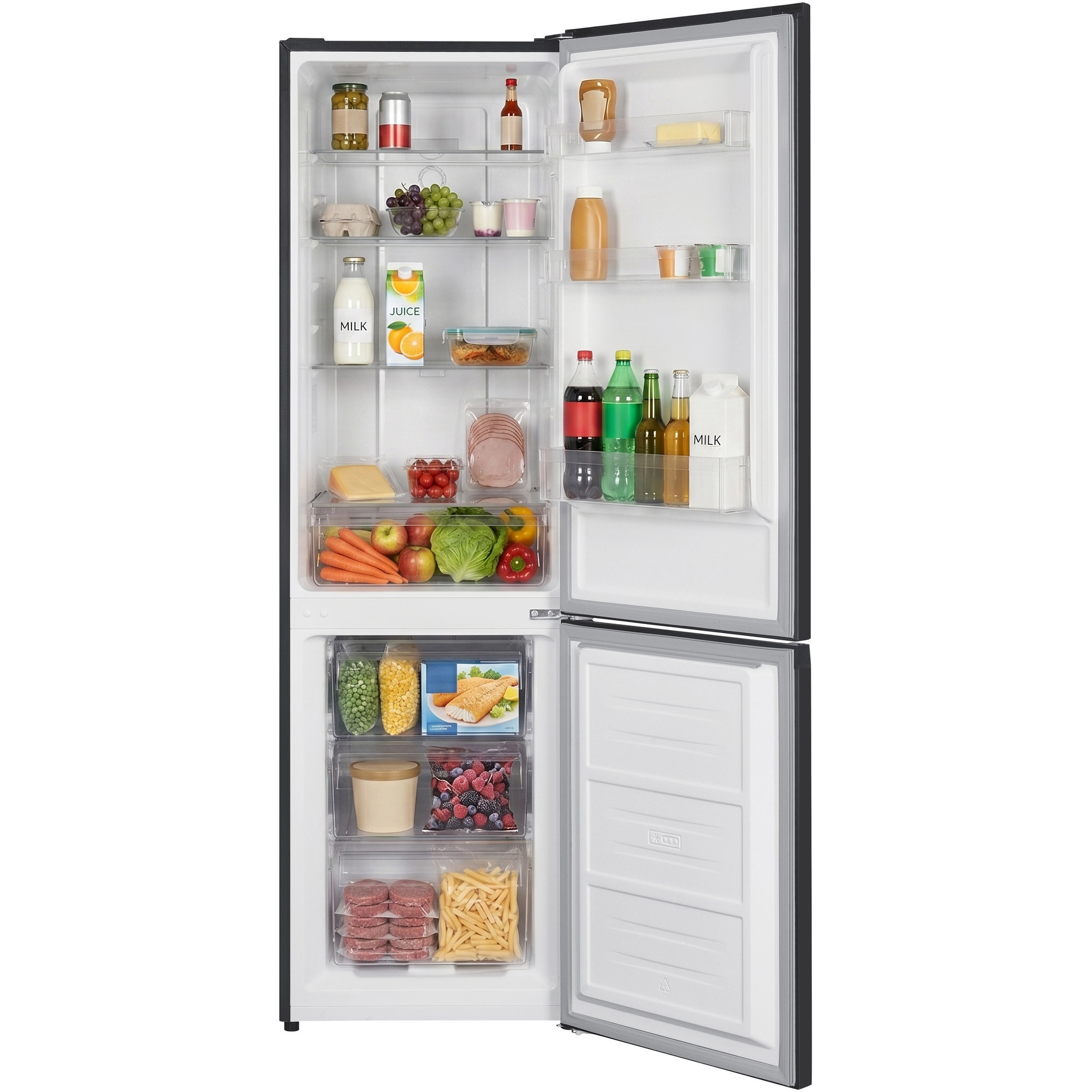 An open modern refrigerator filled with fresh fruits, vegetables, dairy, drinks, and frozen foods.