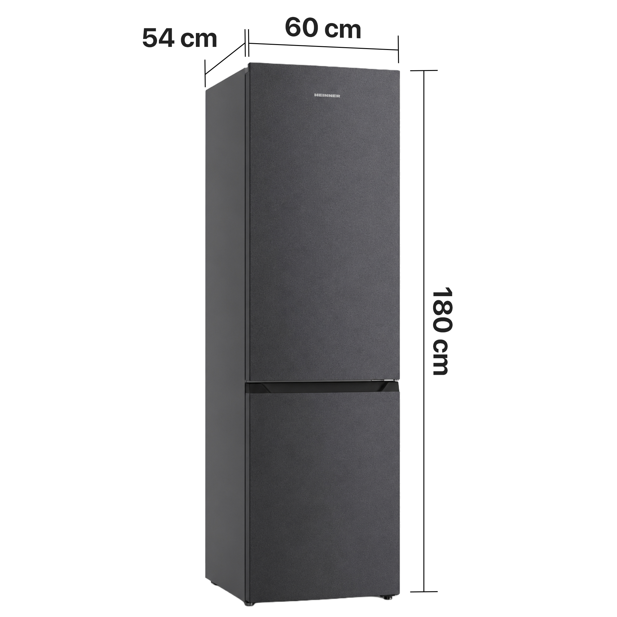 Dark gray Heinner refrigerator with dimensions of 180x60x54 cm.