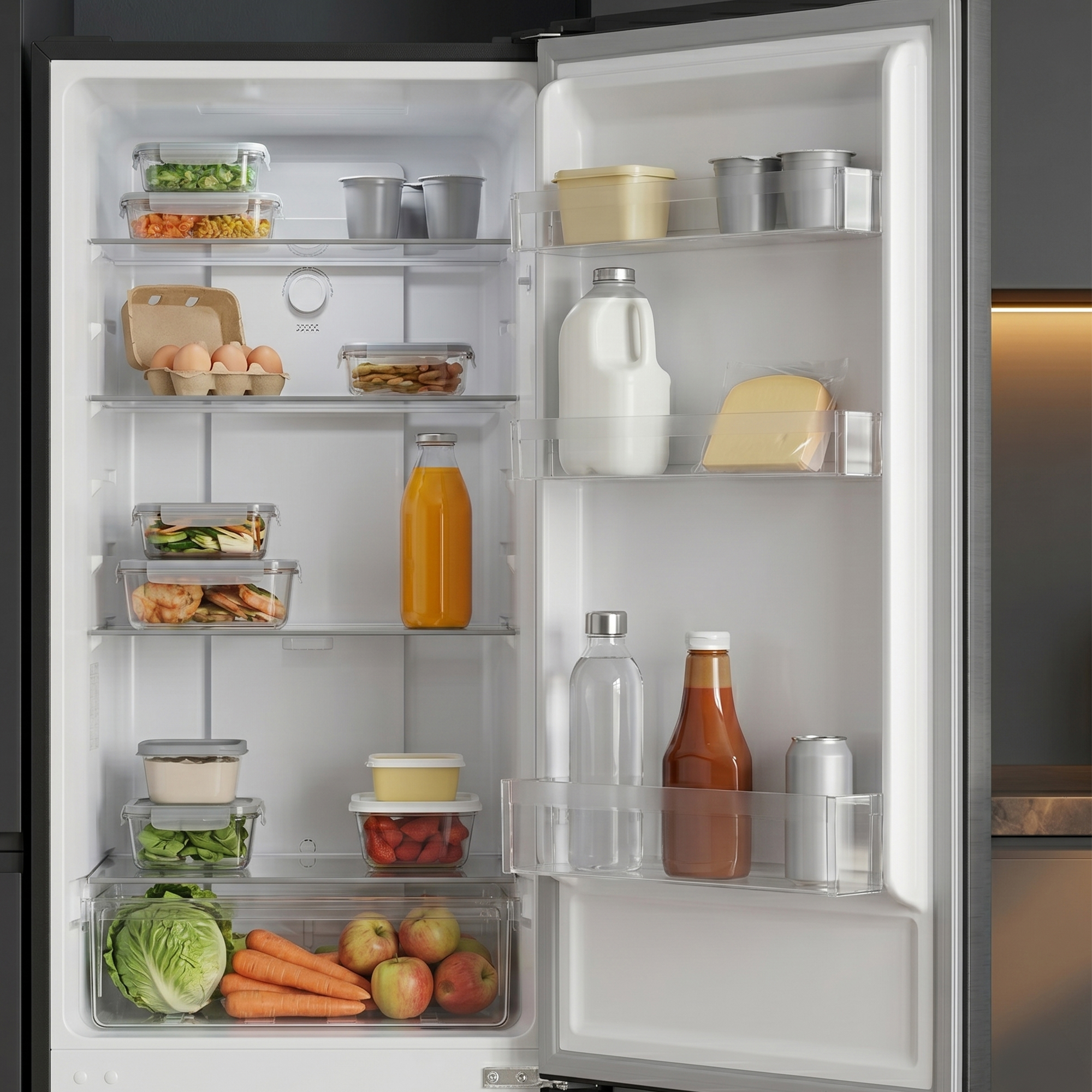 A well-stocked open refrigerator filled with food on shelves, containers, and vegetables in the crisper drawer.
