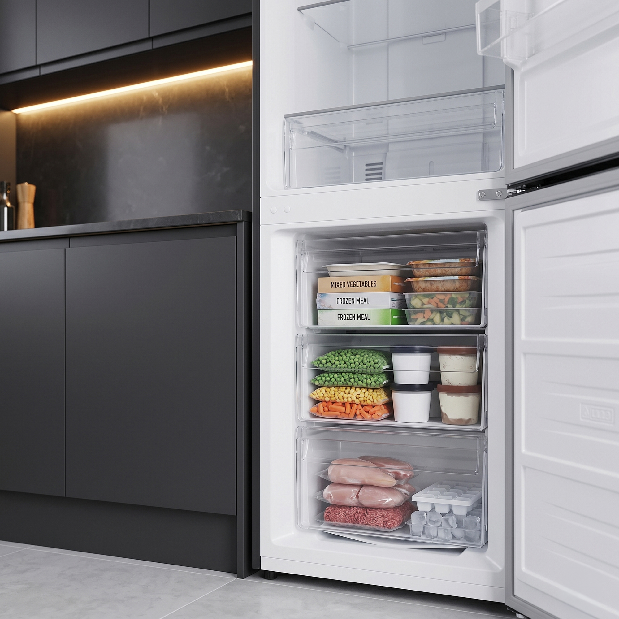 An open white refrigerator with frozen foods and vegetables in the lower compartments, set in a modern kitchen.