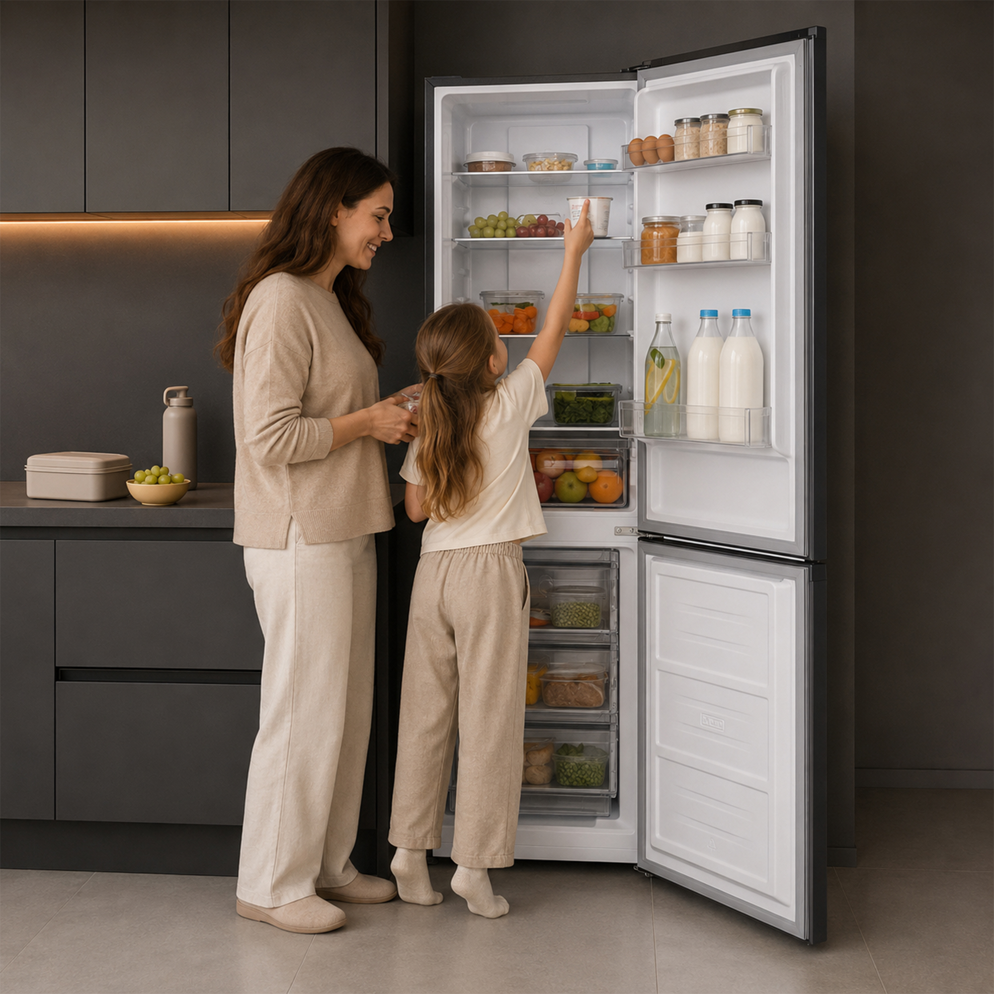 A mother and daughter reach into a fully stocked refrigerator inside a modern kitchen.