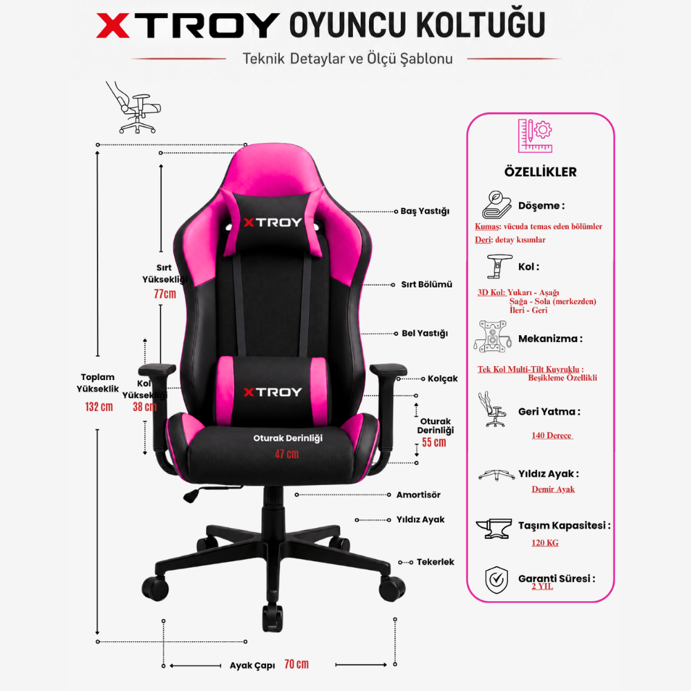 Teknik detaylar, ölçüler ve özelliklerin yer aldığı pembe siyah oyuncu koltuğu şeması.