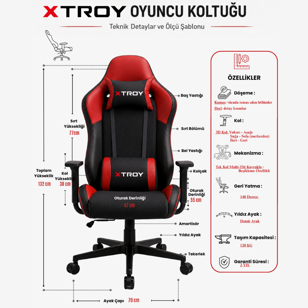 Ölçüleri ve özellikleri ile kırmızı-siyah XTROY oyuncu koltuğunun teknik çizimi.