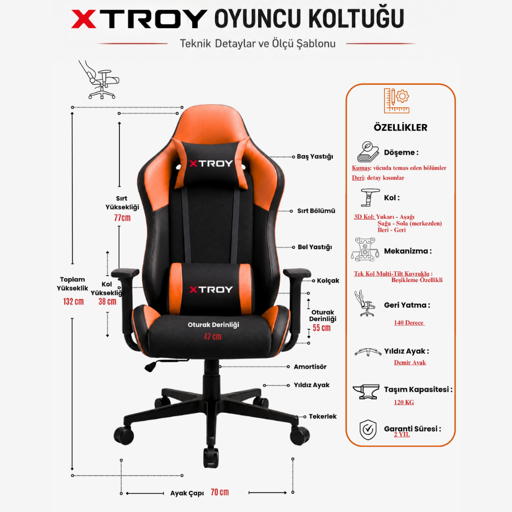 Ölçüleri ve özellik detayları verilen siyah ve turuncu Xtroy oyuncu koltuğunun teknik şeması.