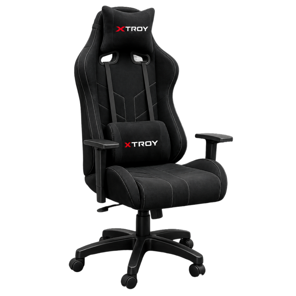 Beyaz arka planda beyaz logolu ve iki yastıklı siyah bir Xtroy oyuncu koltuğu.
